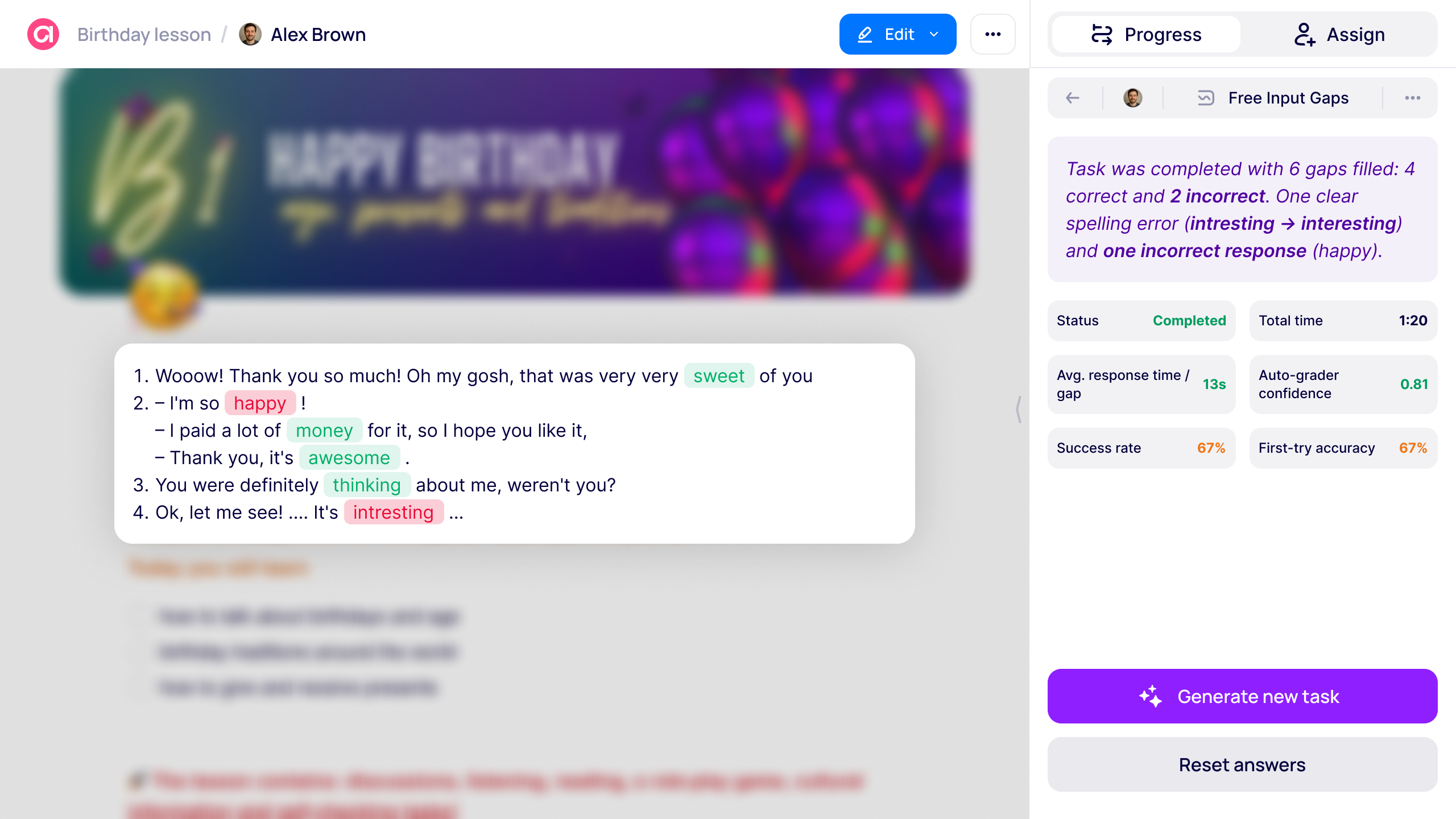 AI learning insights UI